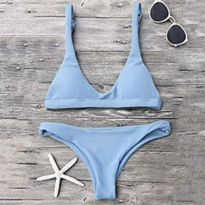 Zaful Sexy Textured Sky Blue Triangle Bikini